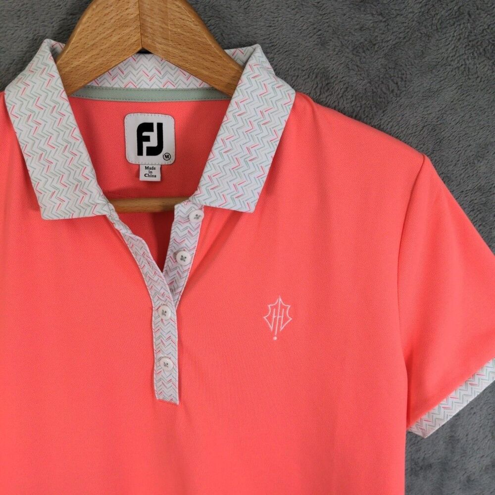 FootJoy Polo Shirt Size Medium Pink White Collar/Sleeve Detail Embroidered Logo